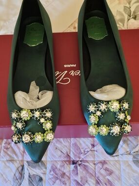 Roger Vivier Emerald Green Jeweled Pointed Flats